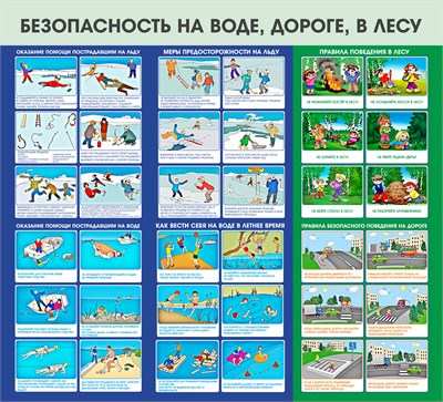Стенд Безопасность на воде, дороге, в лесу 1100 х 1000 пластик 3мм 2606 - фото 10291