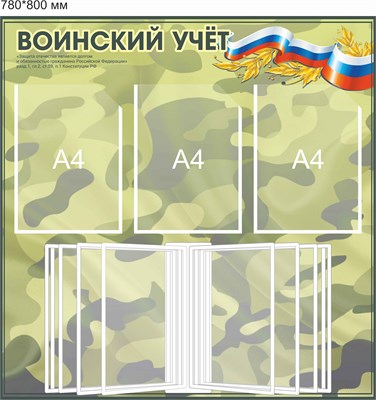 Стенд Воинский учет размер 780 х 800 пластик 3 мм с карманами А4 -3шт, демосистема на 10 карманов.