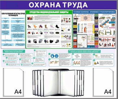 Стенд Охрана Труда 1200 х 1100 пластик 3мм, карманы А4-2шт+перекидная система на 10 карманов