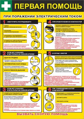 Стенд "Первая помощь при поражении электрическим током" формат А2 594 х 420мм, пластик 3мм