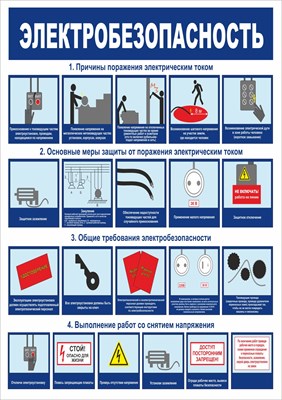 Стенд "Электробезопасность" (синий фон)  формат А2 594 х 420мм, пластик 3мм П15-06 - фото 8553