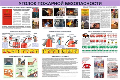 Стенд "Уголок пожарной безопасности" размер 1200 х 800 пластик 3 мм (сиреневая шапка)