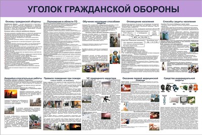 Стенд "Уголок гражданской обороны" размер 1200 х 800 пластик 3 мм (сиреневая шапка)