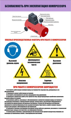 Стенд "Безопасность при эксплуатации компрессора" (сиреневая шапка)  600 х 1000 пластик 3мм