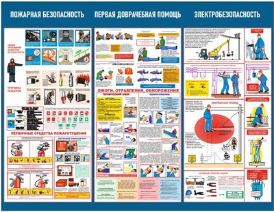 Стенд "Пожарная безопасность; Первая доврачебная помощь; Электробезопасность" 1300 х 1000 мм, ПВХ-3мм