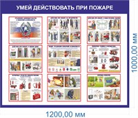 Стенд  Умей действовать при пожаре- первичные средства пожаротушения (синий)  размер 1200 х 1000, ПВХ-3 мм