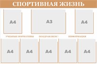 Стенд "Спортивная жизнь" 1200 х 800, пластик 3 мм, карман А4-7шт., карман А3-1шт. (цвет -светло-коричневый)